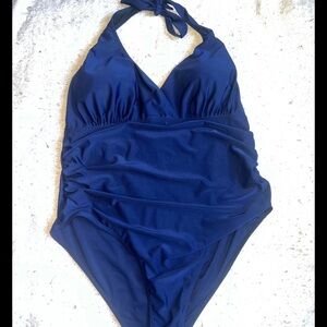 Women's Blue plus size 4X 1pc Swimsuit Tummy Control halter tie nylon spandex